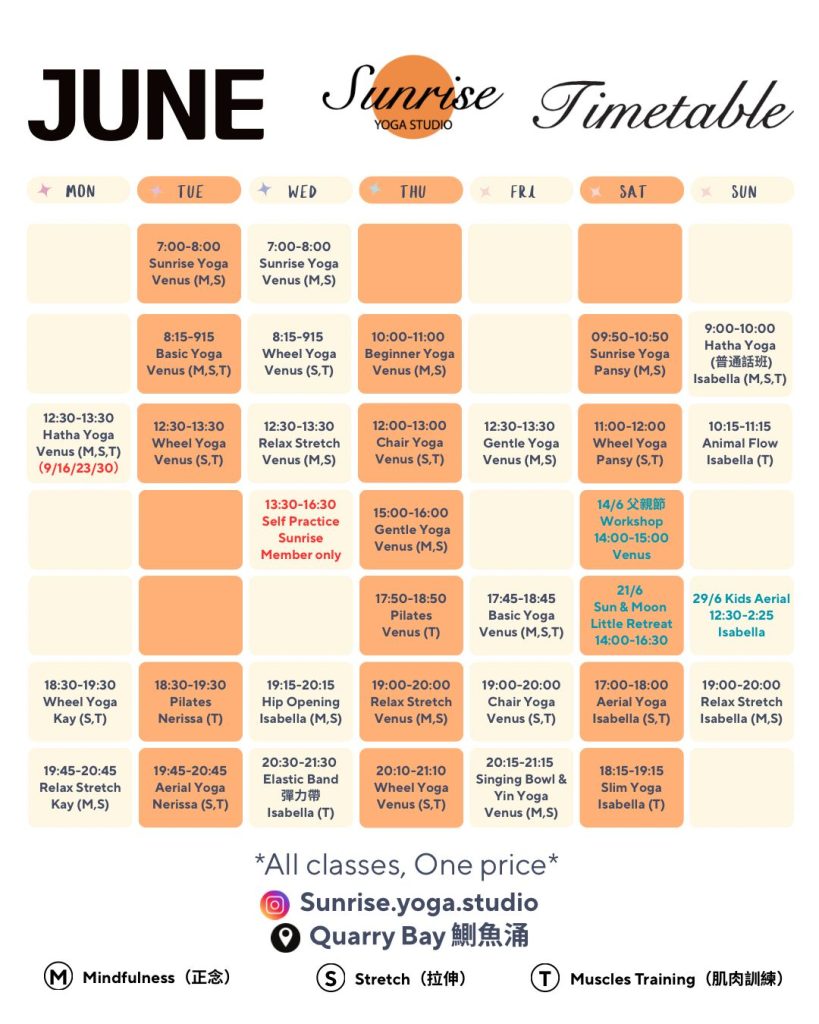 June Timetable for Sunrise Yoga Studio